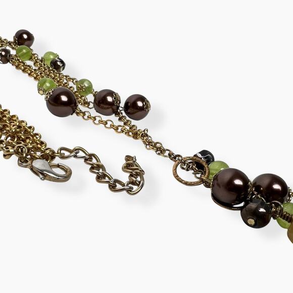 Necklace Horn Pendant Acrylic Brown Green Beads 2-Strand Chain Gold Tone Boho - Picture 6 of 11